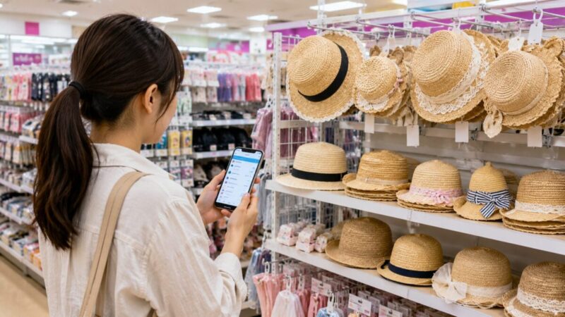 スマートフォンで在庫を確認しながら100均の麦わら帽子売り場を探す様子