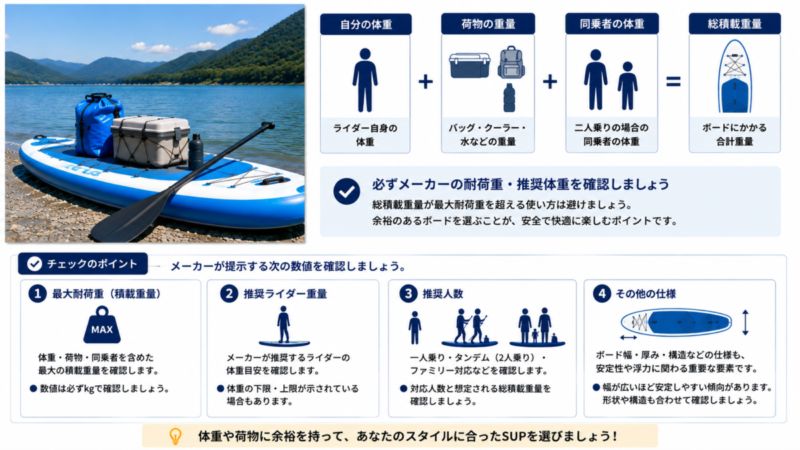 SUPの体重と荷物や同乗者を含む総積載重量から耐荷重と推奨体重を確認する図解