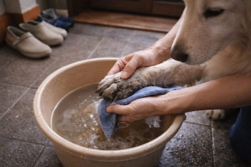 散歩後に犬の足をぬるま湯で洗い、路面の汚れを落としている様子