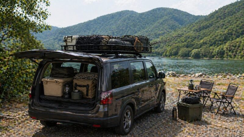 湖畔に停めた車のルーフラックと車内にアウトドア用品や釣り道具を積み分けている様子