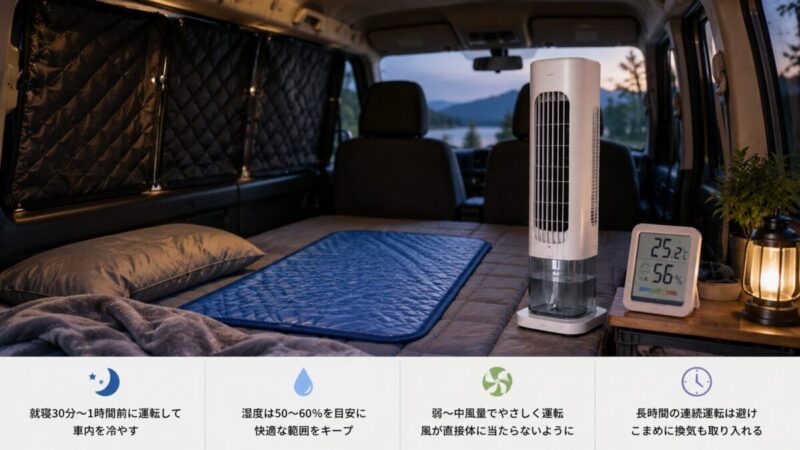 車中泊で温湿度計と冷感マットとタワー型冷風機を組み合わせる様子