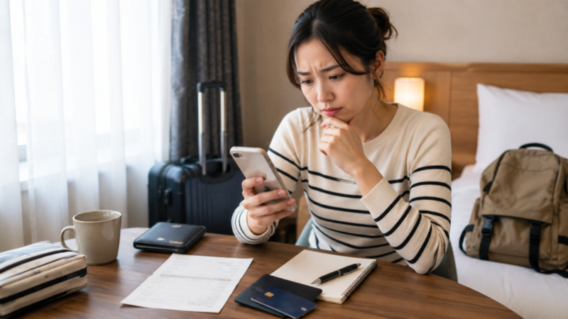 ホテル客室でスマートフォンとカード、予約書類を確認し返金について調べる旅行者