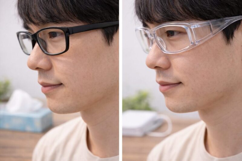 普通のメガネと花粉対策メガネの装着時のすき間の違いを比較するイメージ