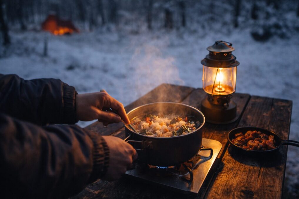 雪のキャンプ場で湯気の立つ鍋を温めながら簡単に食事を用意している様子