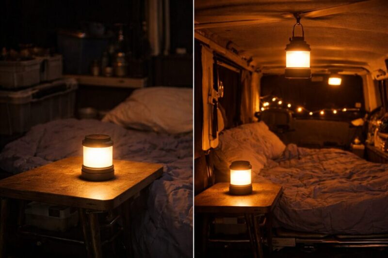 車中泊で置いても吊るしても使える小型ランタンの活用例