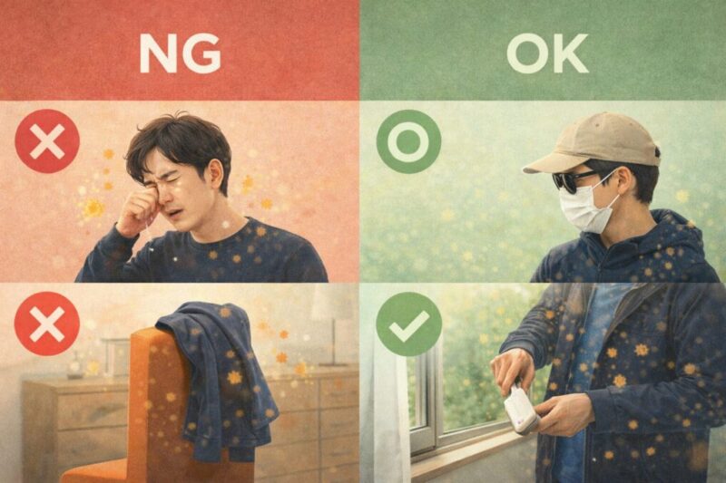 花粉症の日に避けたい行動と対策行動を比較した図