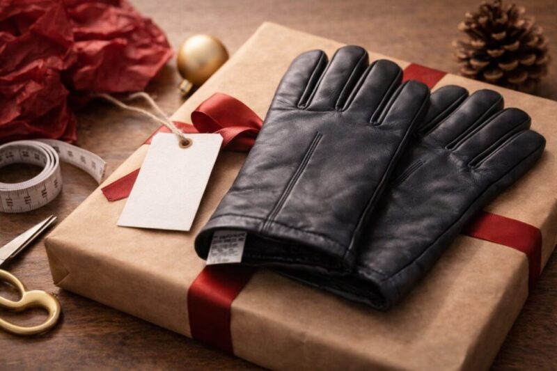 ギフト箱の上にレザー手袋を置き、贈り物選びをイメージできる写真