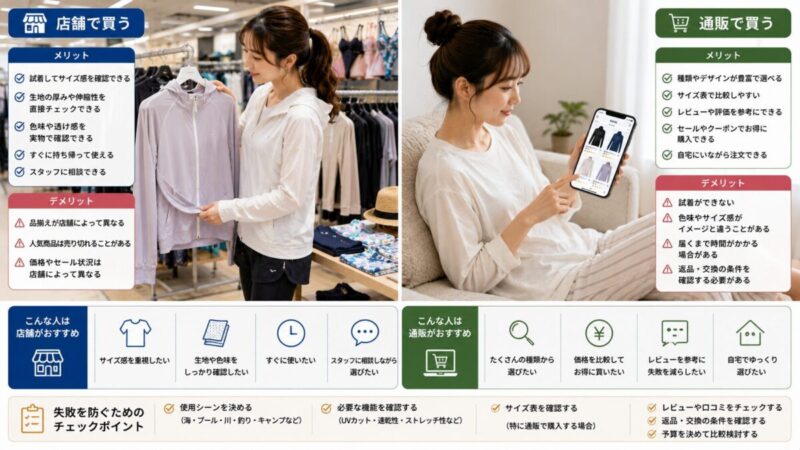 店舗と通販でラッシュガードのサイズや価格やレビューを比較する様子