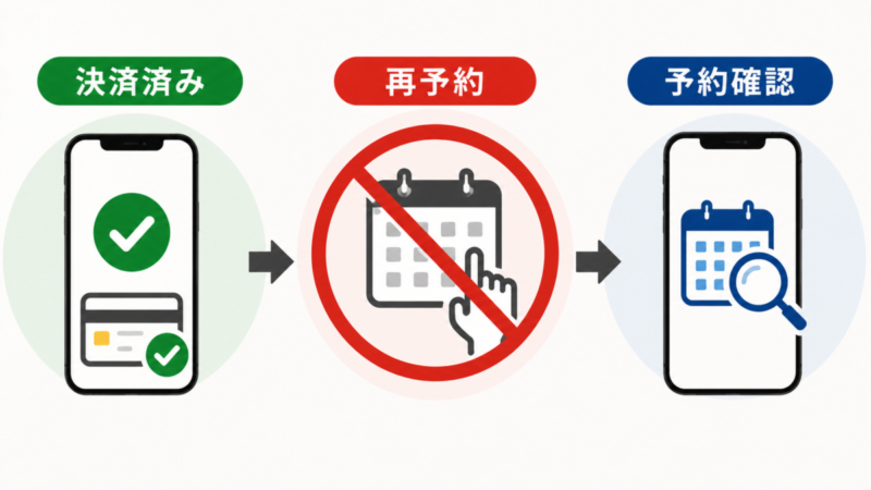 決済後に再予約せず予約状況を確認する流れを示したイメージ