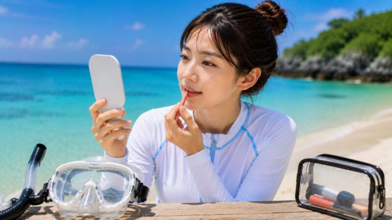 シュノーケリング前に鏡を見ながらリップを薄く整える女性