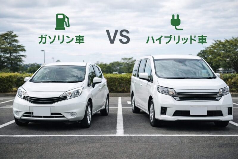 ガソリン車とハイブリッド車の車中泊時の違いを比較するイメージ。