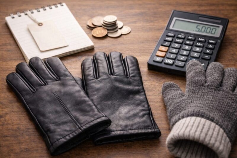 レザー手袋とニット手袋を電卓や硬貨と並べて予算感を比較するイメージ