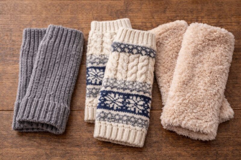 素材の違う手首ウォーマーを3種類並べ、デザインと暖かさの違いを比べられるようにした様子。