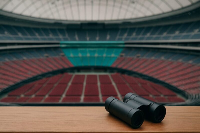 ドーム2階の距離感と適した倍率の考え方を示す俯瞰イメージ。