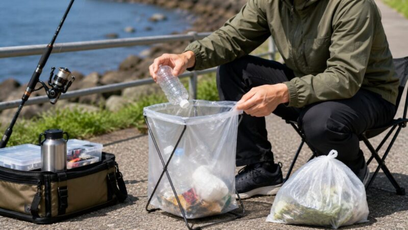 釣り場で空のペットボトルや軽いごみを袋へ分けて入れている様子
