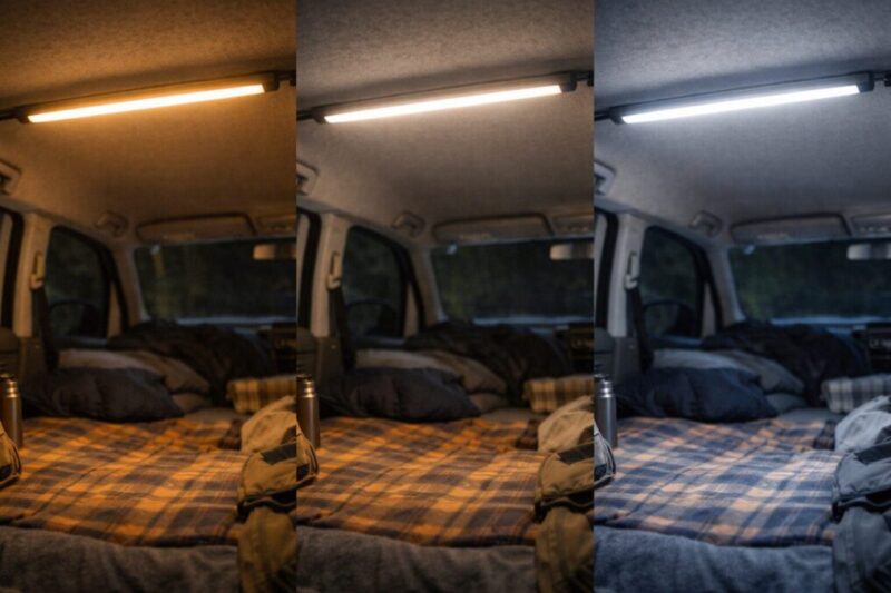 車中泊の車内でLEDライトの色味の違いを比較しているイメージ