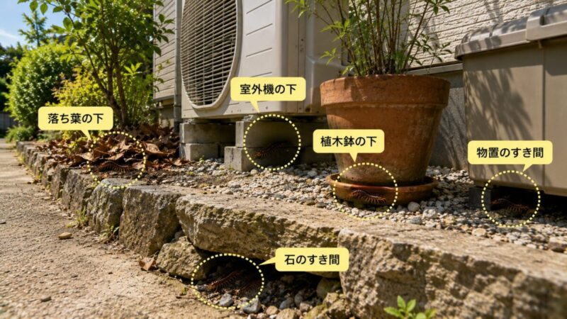 室外機や植木鉢、落ち葉、石のすき間がある住宅外周。