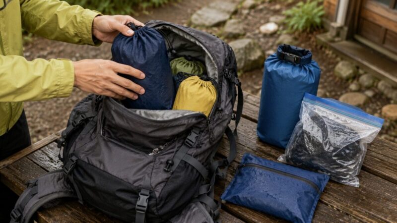 雨上がりの登山で、スタッフバッグに分けたレインウェアや着替えをザックへ整理している様子。