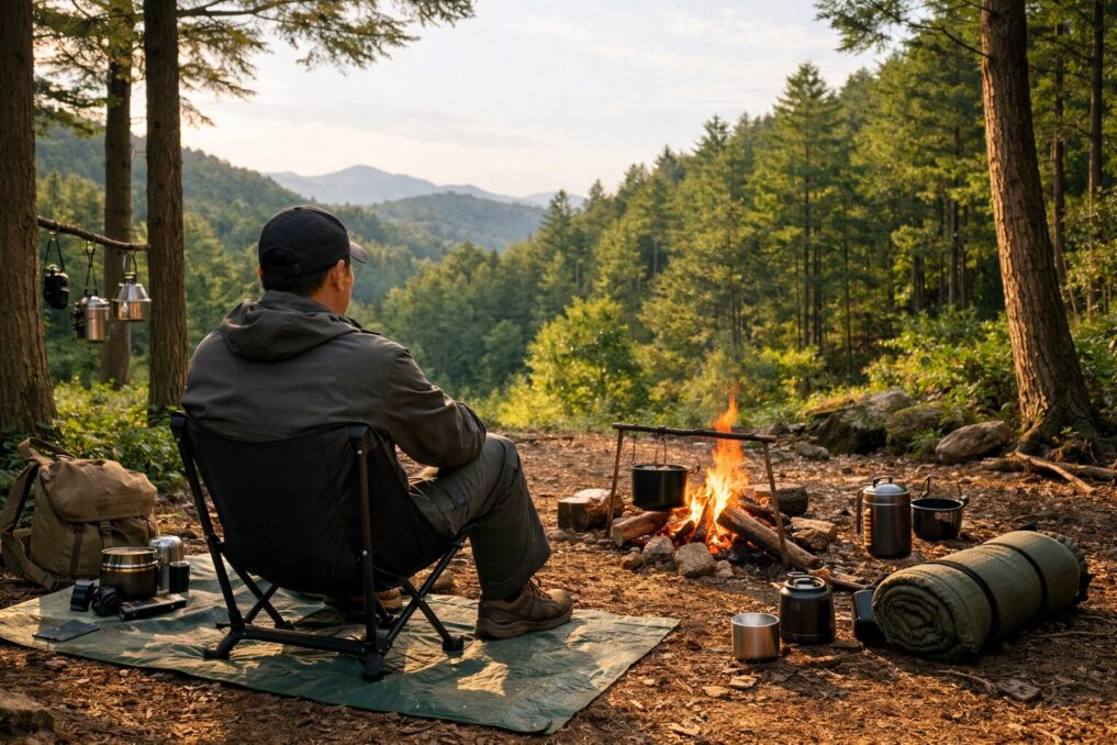 森のキャンプ場で焚き火の前に座り、調理道具をシート上に置いて過ごすソロキャンパーの様子