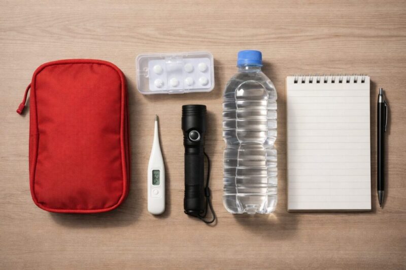 体調の異変に備えて体温計やライトなどをまとめて準備する様子