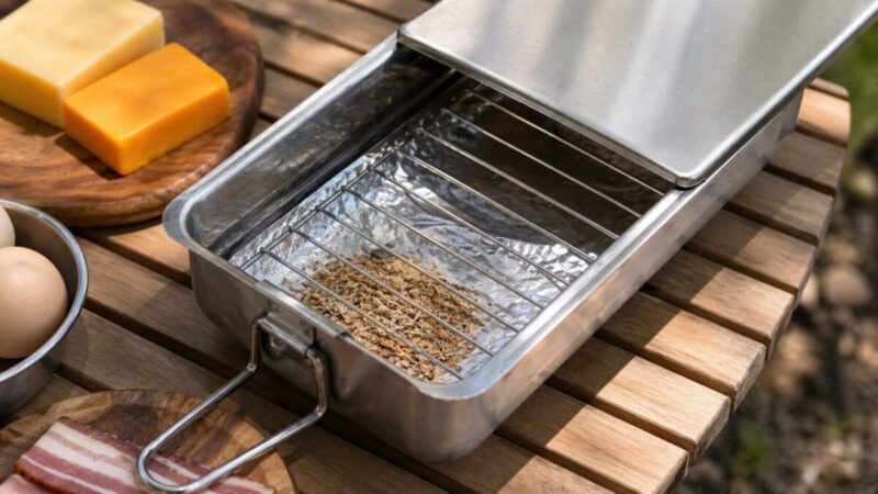 ミニスモーカーの受け皿にアルミホイルを敷いて燻製の準備をしているキャンプ調理の様子