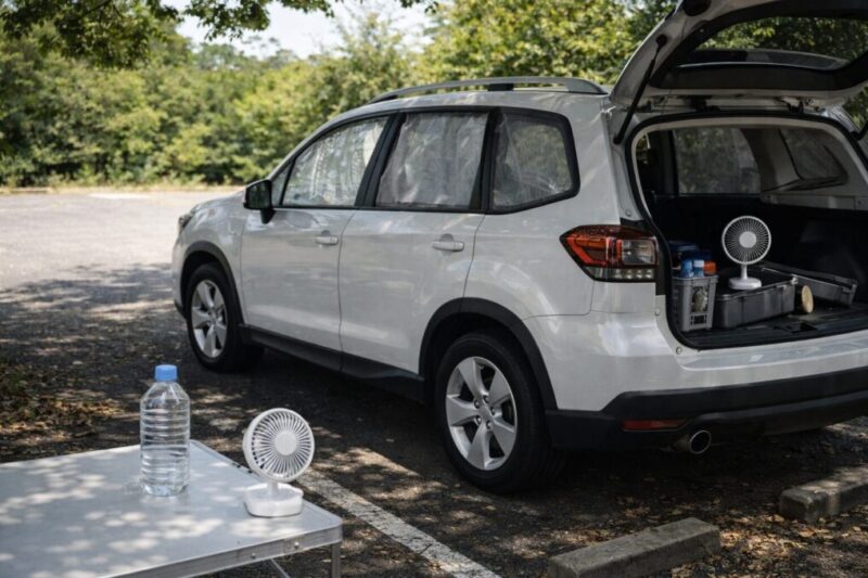 日陰に停めた車で換気を確保しながら暑さ対策をする車中泊の様子