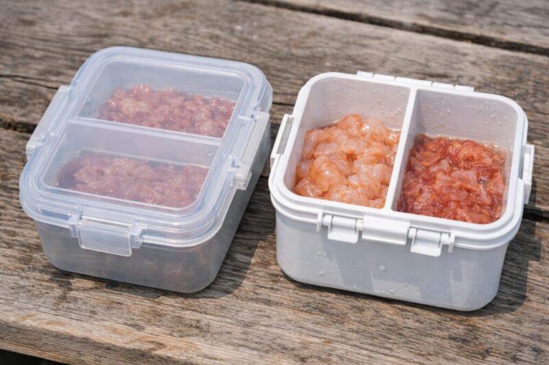 100均容器と釣り用餌入れの構造差を比較している様子