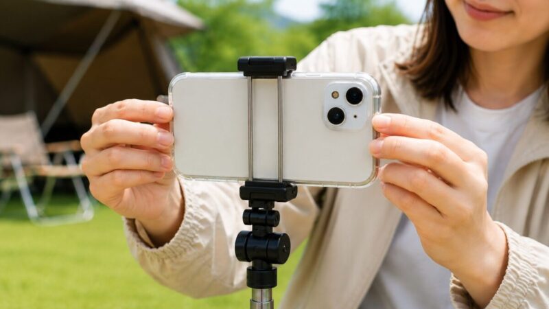 ケース付きスマホを自撮り棒のホルダーに固定する手元