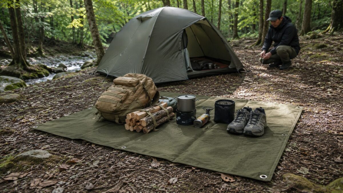林間のソロキャンプで、帆布シートの上にバックパック・薪・クッカー・登山靴を整然と置いた様子