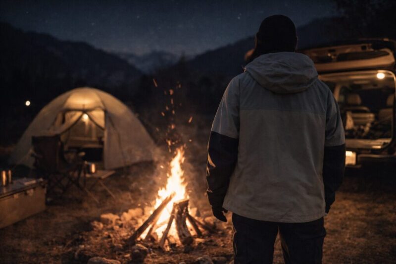 夜のキャンプで防寒のためにスノーボードウェアを羽織って過ごす