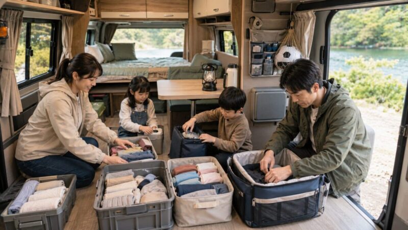 キャンピングカーの車内で家族が衣類やキャンプ用品を整理しながら旅の準備をしている様子