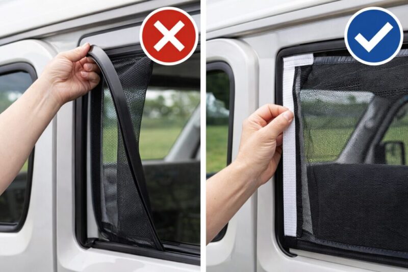 自作網戸と市販品の違いを比較する車中泊向けの説明イメージ