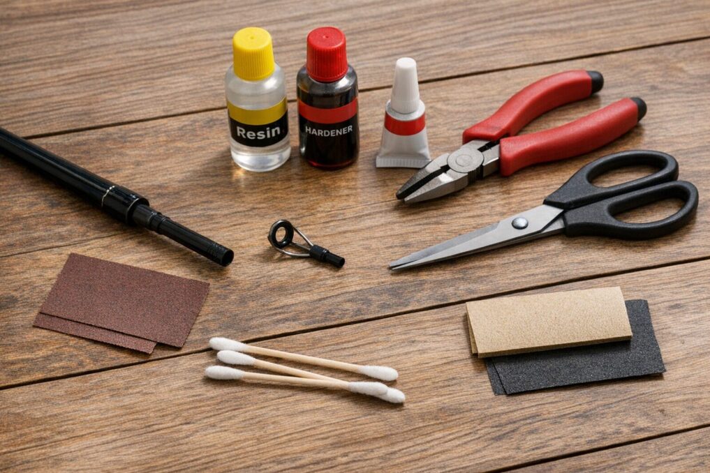 釣竿のガイド修理に使う接着剤と補修道具を机に並べたDIY準備風景