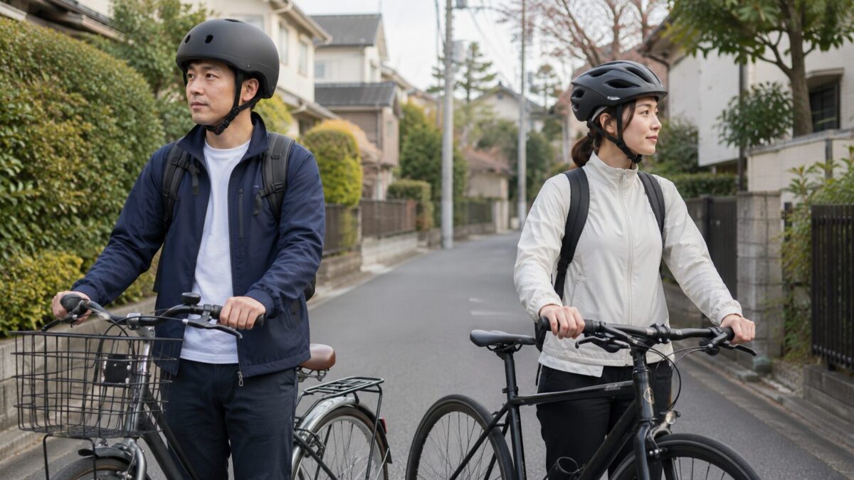 丸く大きく見えるヘルメットとすっきり見える自転車ヘルメットを比較する男女