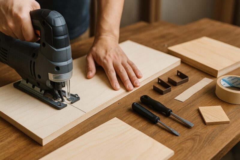 合板を加工し、金具や工具を並べて天板の分割と固定方法を確認しているイメージ
