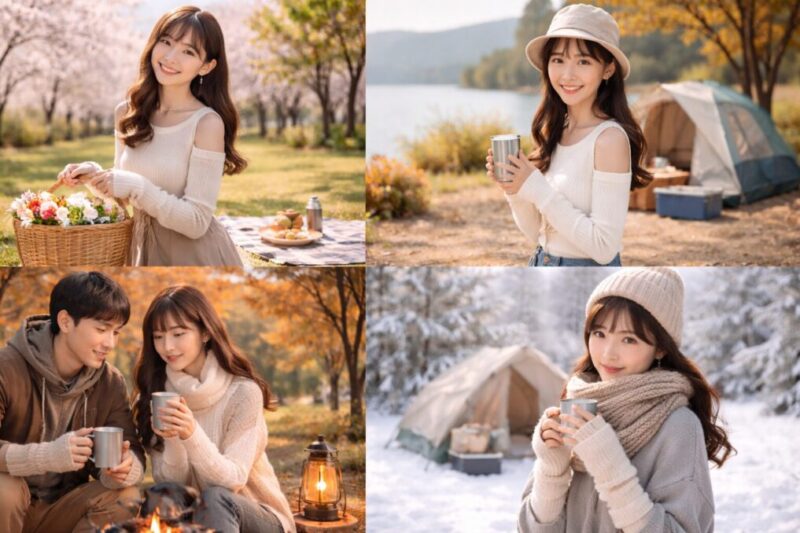 春夏秋冬の屋外シーンでニットトップスとアームウォーマーを着用した様子を並べた写真