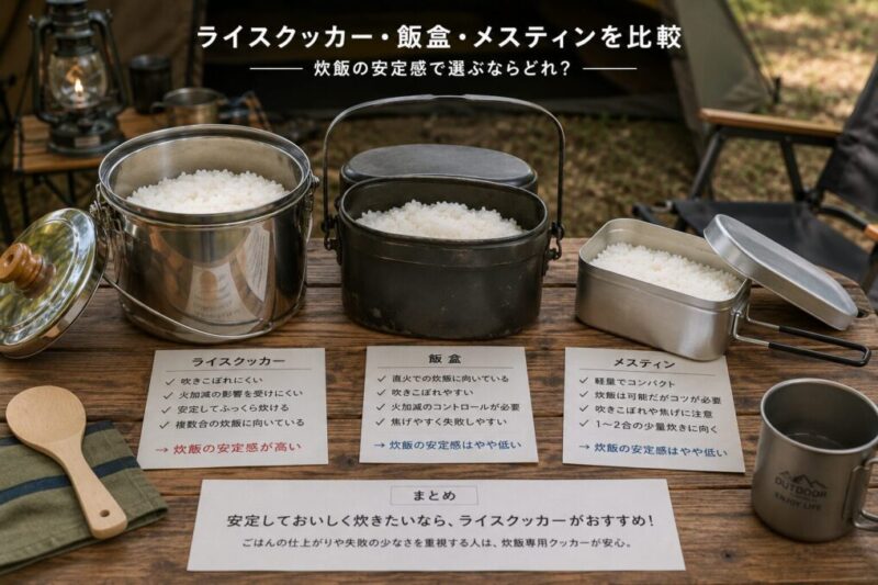 ライスクッカーと飯盒やメスティンを並べて炊飯道具の違いを比較するイメージ