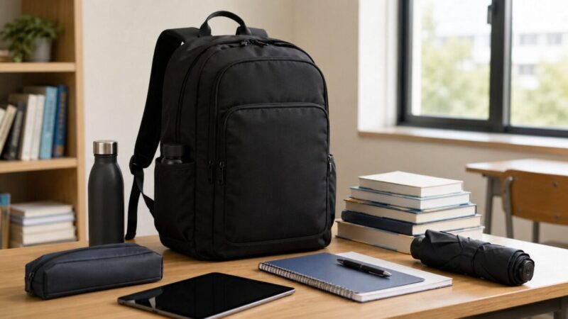 教科書や水筒を収納しやすい落ち着いたデザインの通学リュック