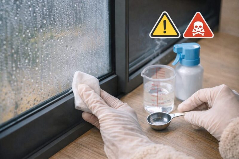 窓の隅で少量を試し拭きして安全に確認している様子