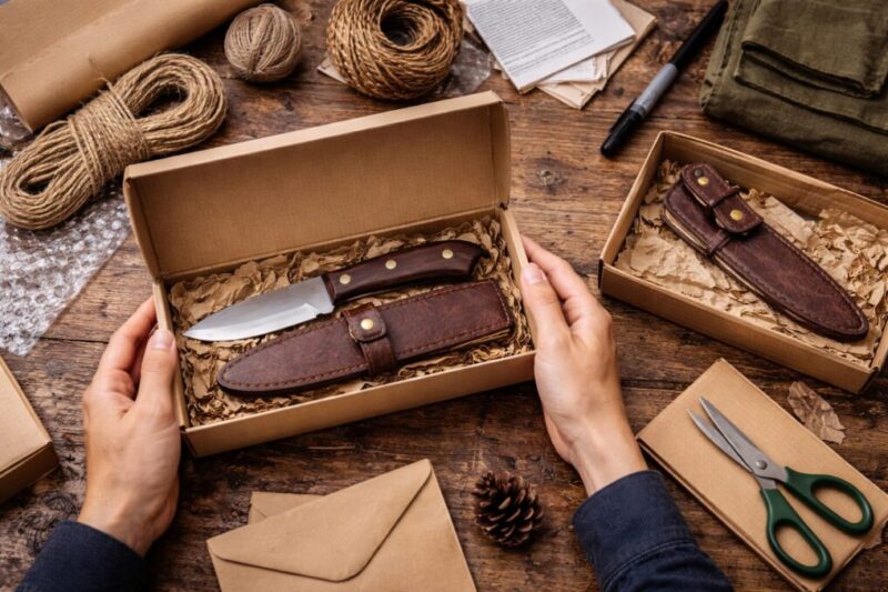 通販で届いたナイフの付属品やシースの状態を開封直後に確認するイメージ