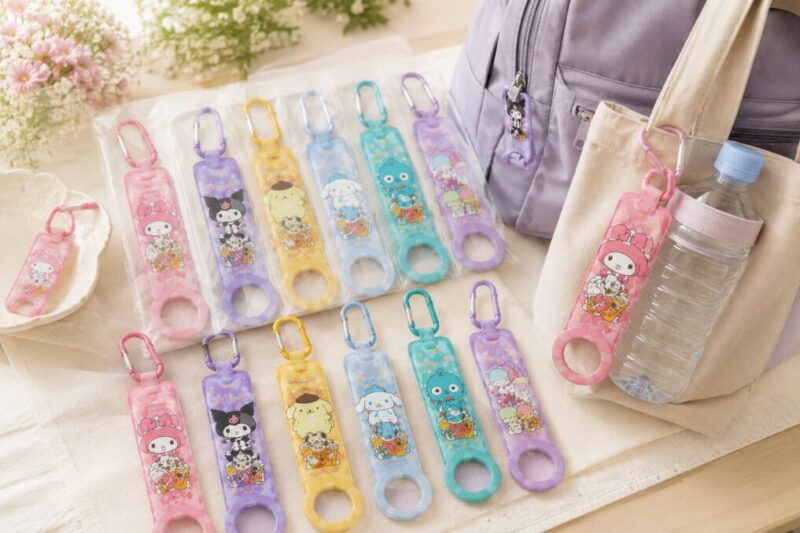 パステルカラーのキャラクター風ペットボトルホルダーがバッグに付いた画像