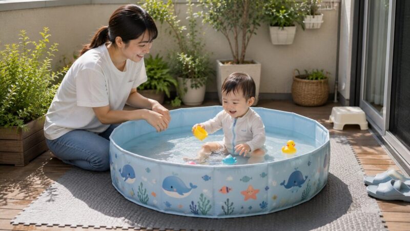 小さなテラスで保護者に見守られながら浅型の折りたたみプールで遊ぶ幼児
