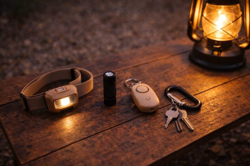 暖色ランタンの灯りの下で、ヘッドライトと小型ライト、防犯ブザー、鍵を手の届く位置にまとめたソロキャンプの手元写真