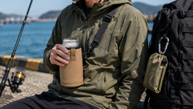 釣りの休憩中にショルダーストラップ付き缶ホルダーを使い、予備のカバーをバッグへ取り付けた様子