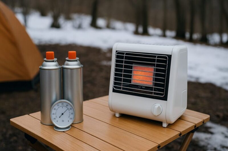 雪のあるキャンプ場のテーブルにストーブと2本のボンベ、温度計を置き、低温時の燃焼をイメージさせる写真