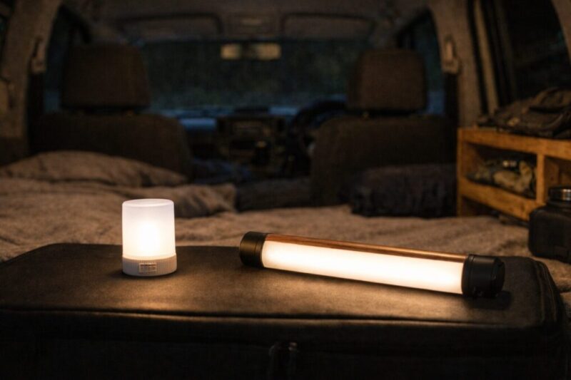 簡易ライトと本格的なUSBライトを比較している車中泊照明のイメージ