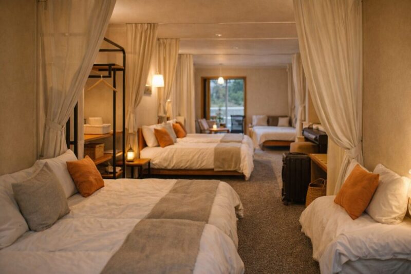 複数人で泊まりやすいベッド配置と間仕切りのあるグランピング室内