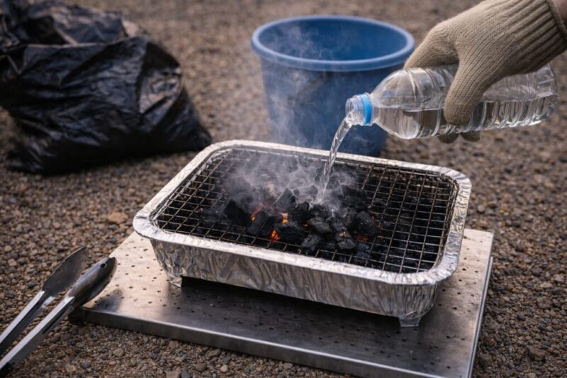 火が消えたあとに少量の水で冷まし、炭の熱を落として安全に撤収している様子