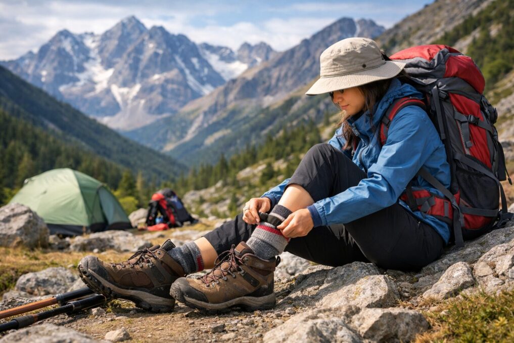 山道で休憩しながら登山靴と靴下を整えるハイカーの足元と装備