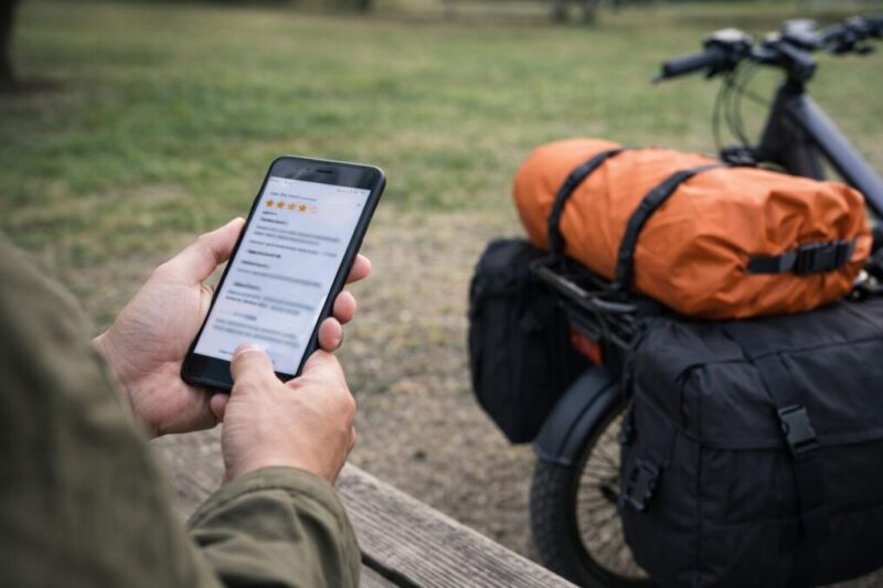 口コミを確認しながらキャンプ向きの自転車を検討するイメージ
